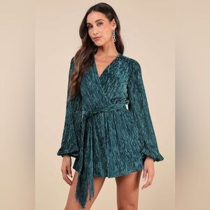 Lulus Signature Poise Teal Velvet Shadow Stripe Surplice Romper